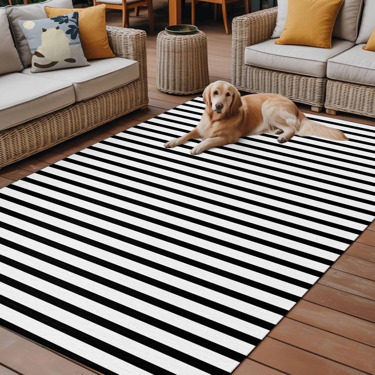 Black‑White Striped Washable Indoor‑Outdoor Area Rug