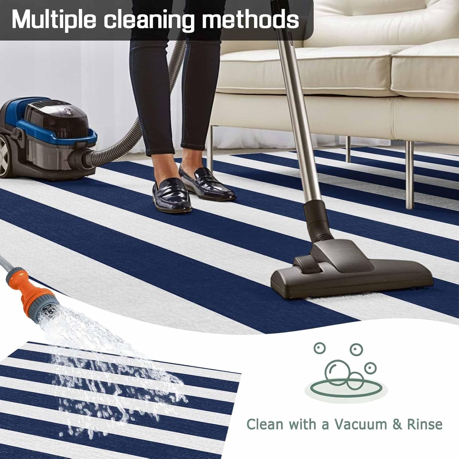 Navy‑Blue Striped Waterproof Indoor‑Outdoor Area Rug