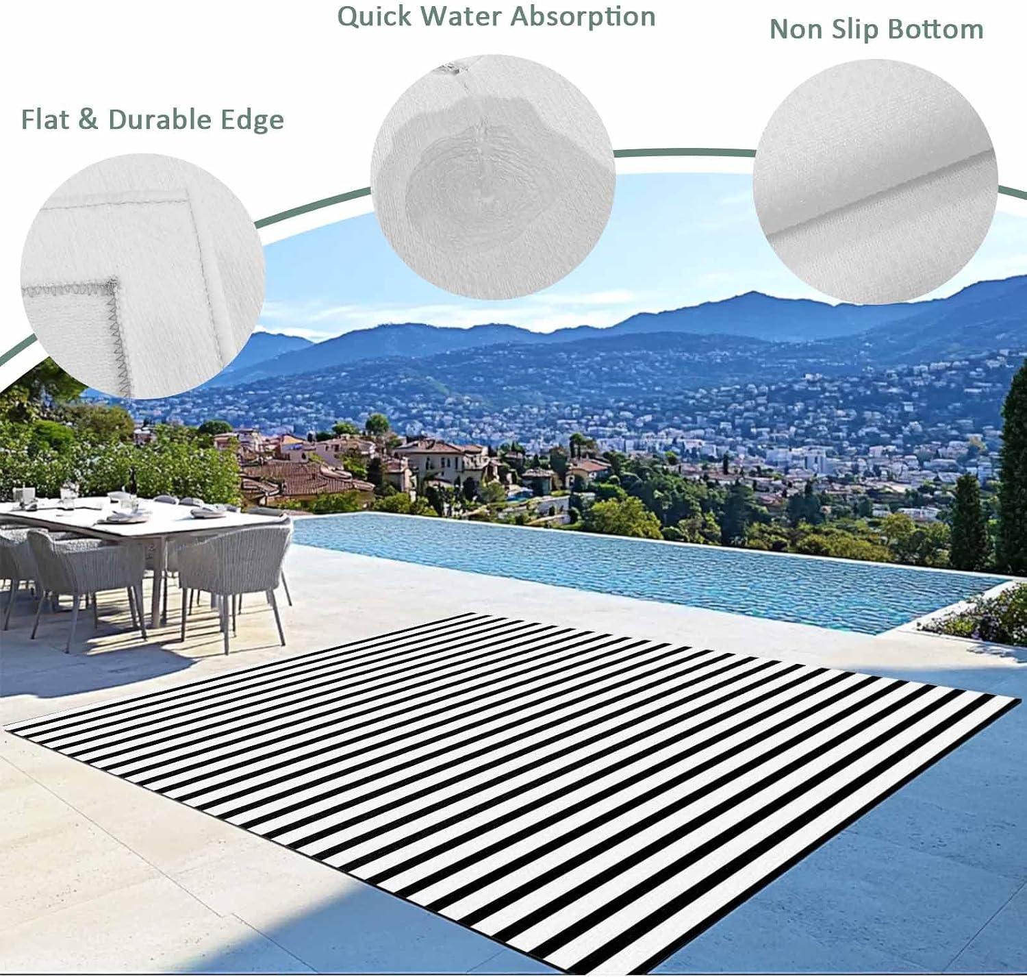 Black‑White Striped Washable Indoor‑Outdoor Area Rug