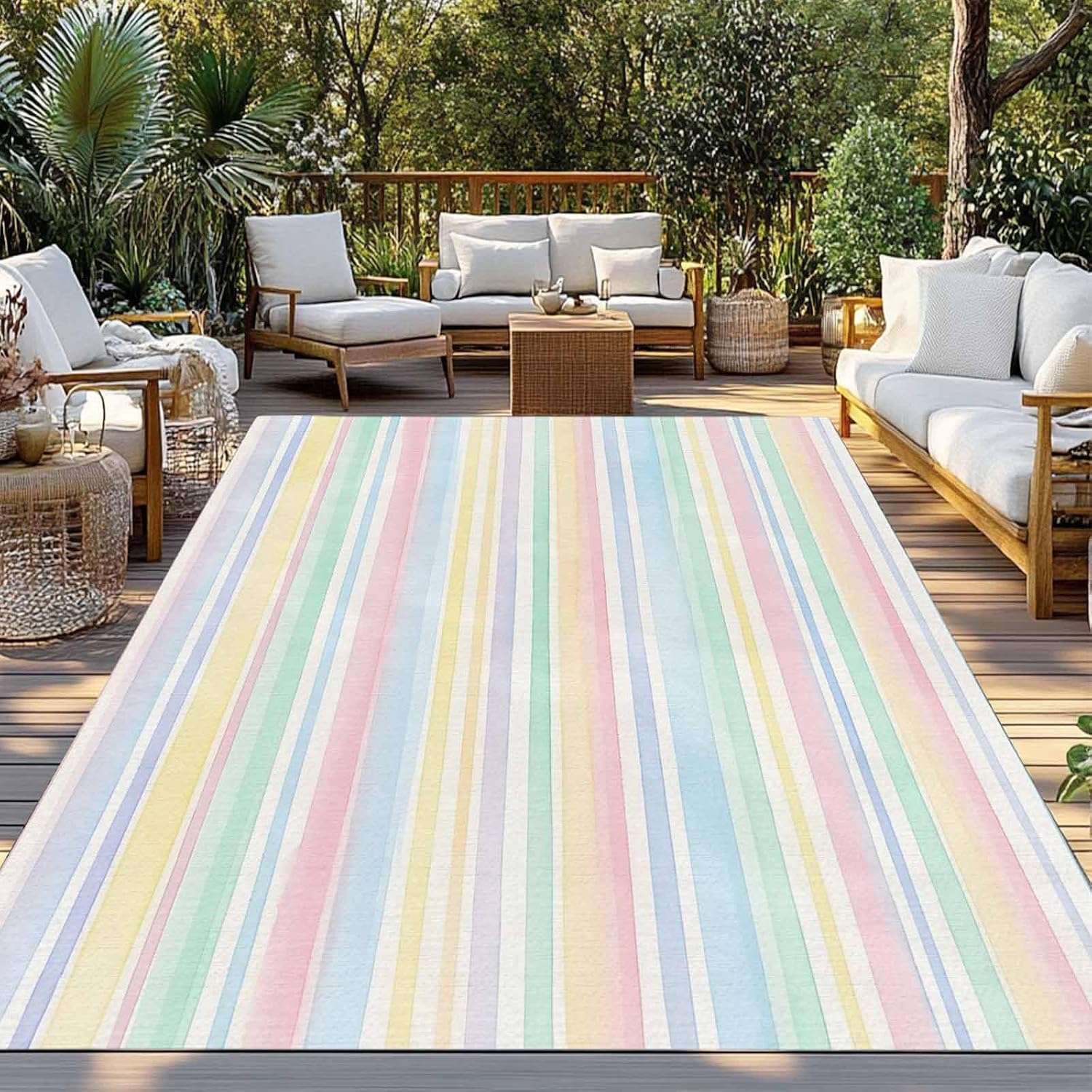 Colorful Striped Plastic Straw Indoor‑Outdoor Area Rug