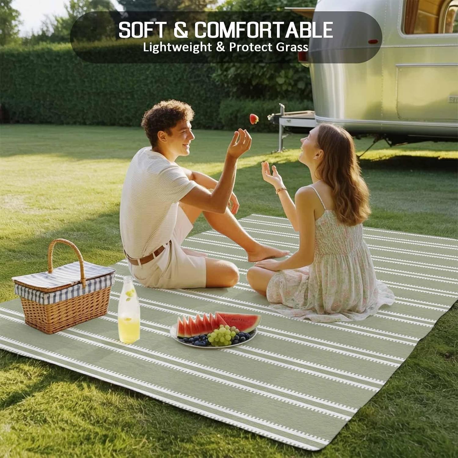 Sage‑Green Striped Waterproof Indoor‑Outdoor Area Rug
