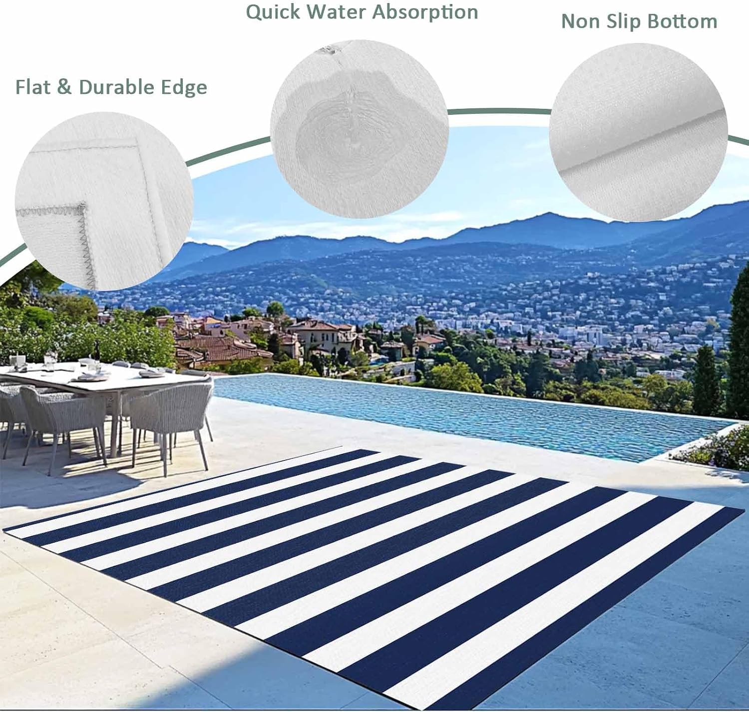 Navy‑Blue Striped Waterproof Indoor‑Outdoor Area Rug