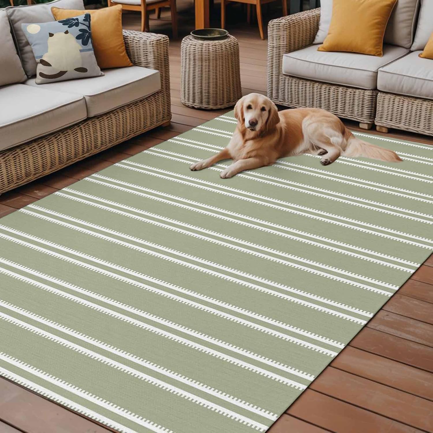 Sage‑Green Striped Waterproof Indoor‑Outdoor Area Rug