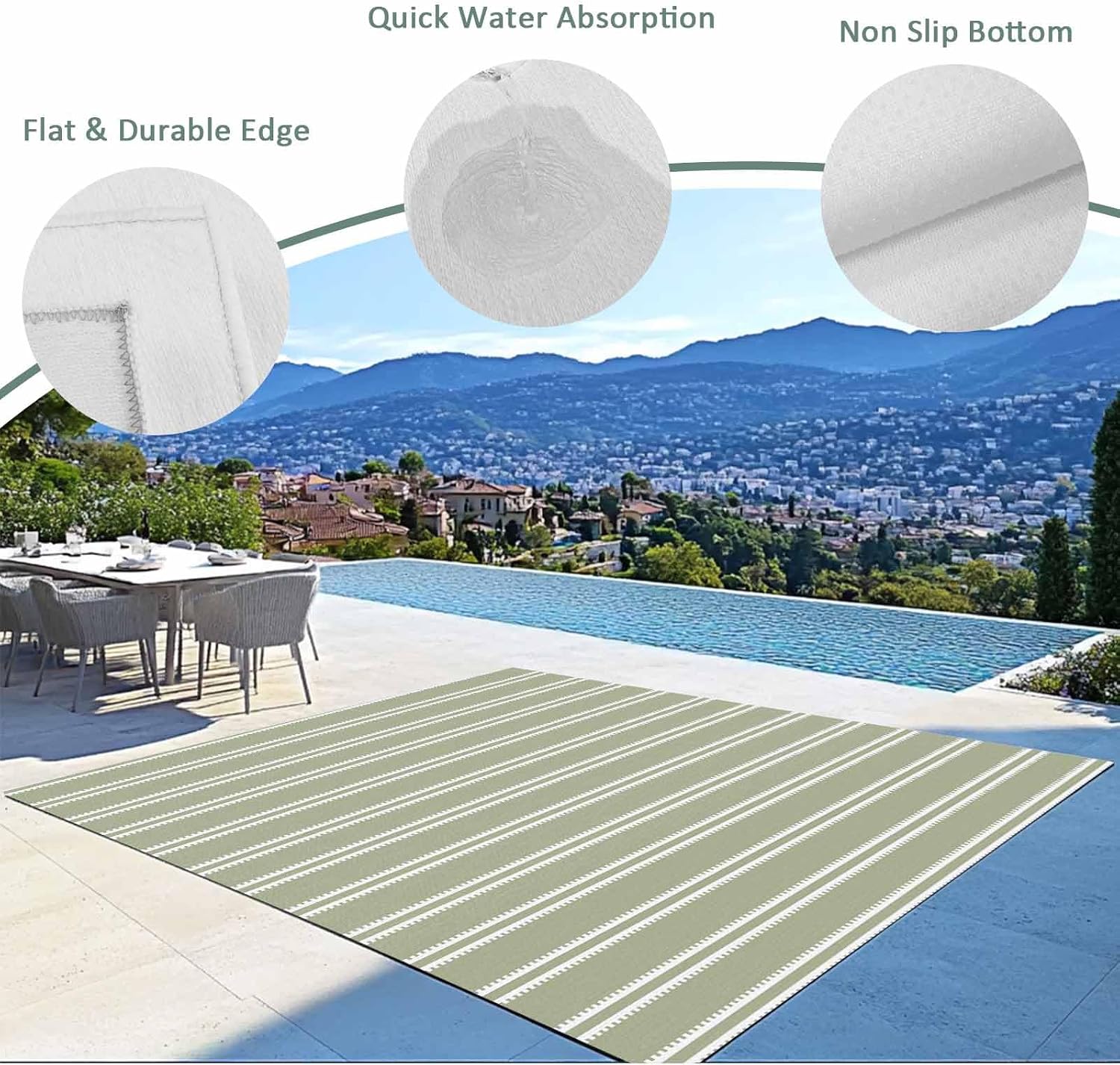 Sage‑Green Striped Waterproof Indoor‑Outdoor Area Rug