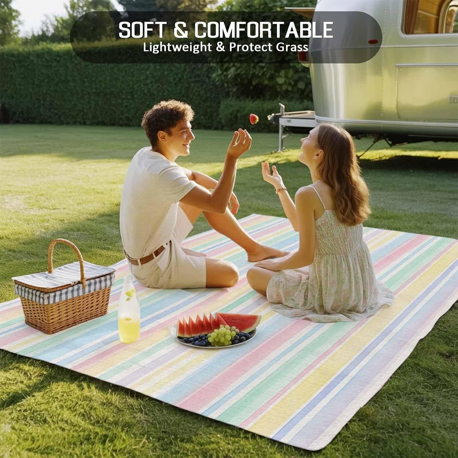 Colorful Striped Plastic Straw Indoor‑Outdoor Area Rug