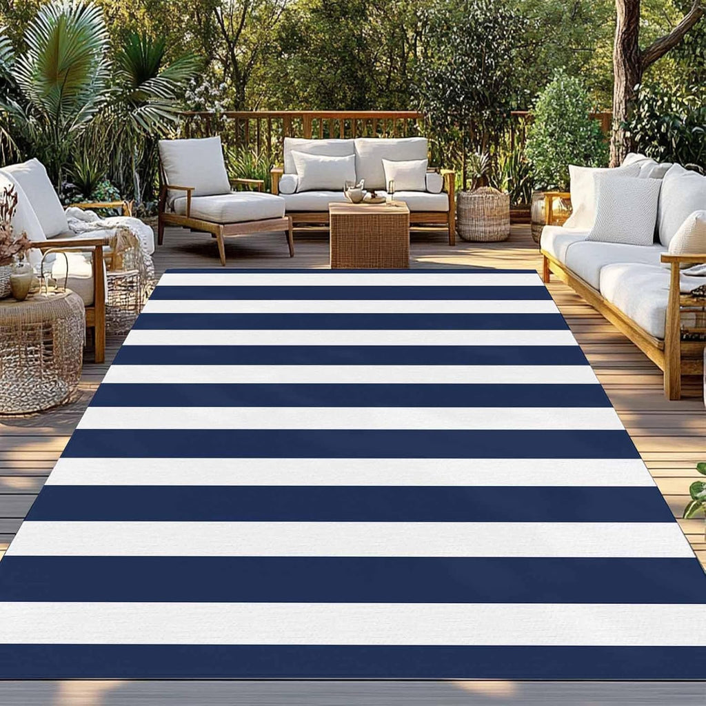 Navy‑Blue Striped Waterproof Indoor‑Outdoor Area Rug
