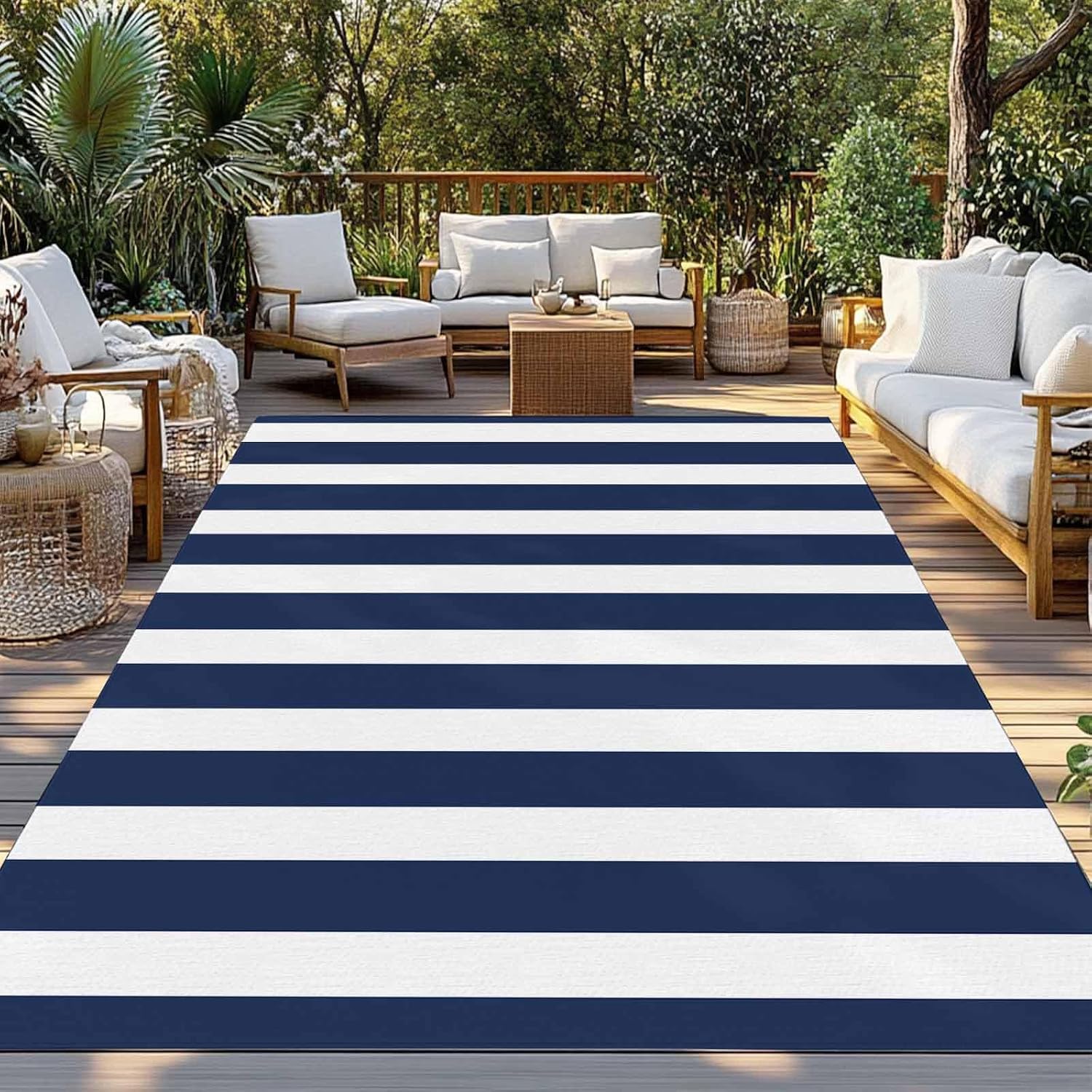 Navy‑Blue Striped Waterproof Indoor‑Outdoor Area Rug