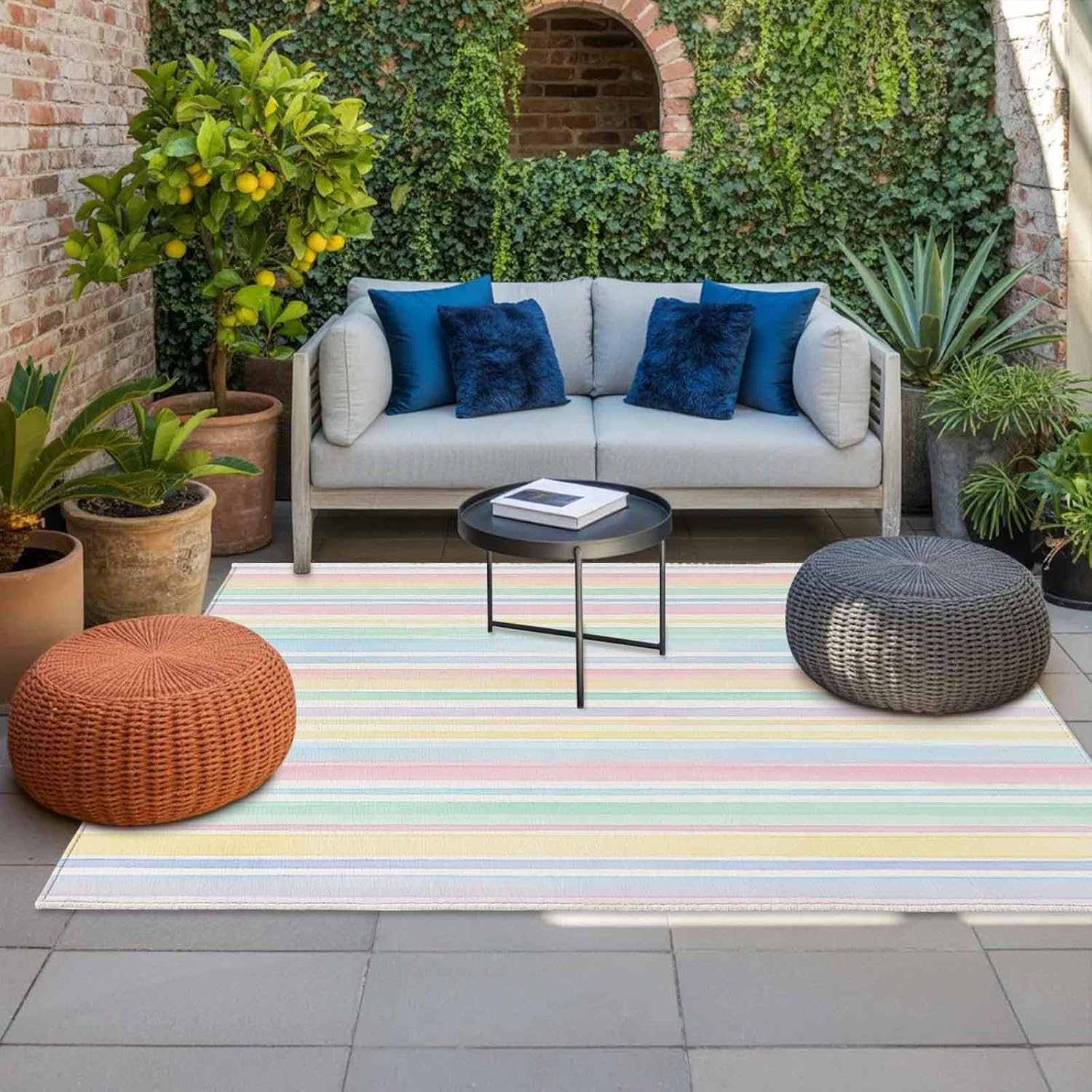 Colorful Striped Plastic Straw Indoor‑Outdoor Area Rug