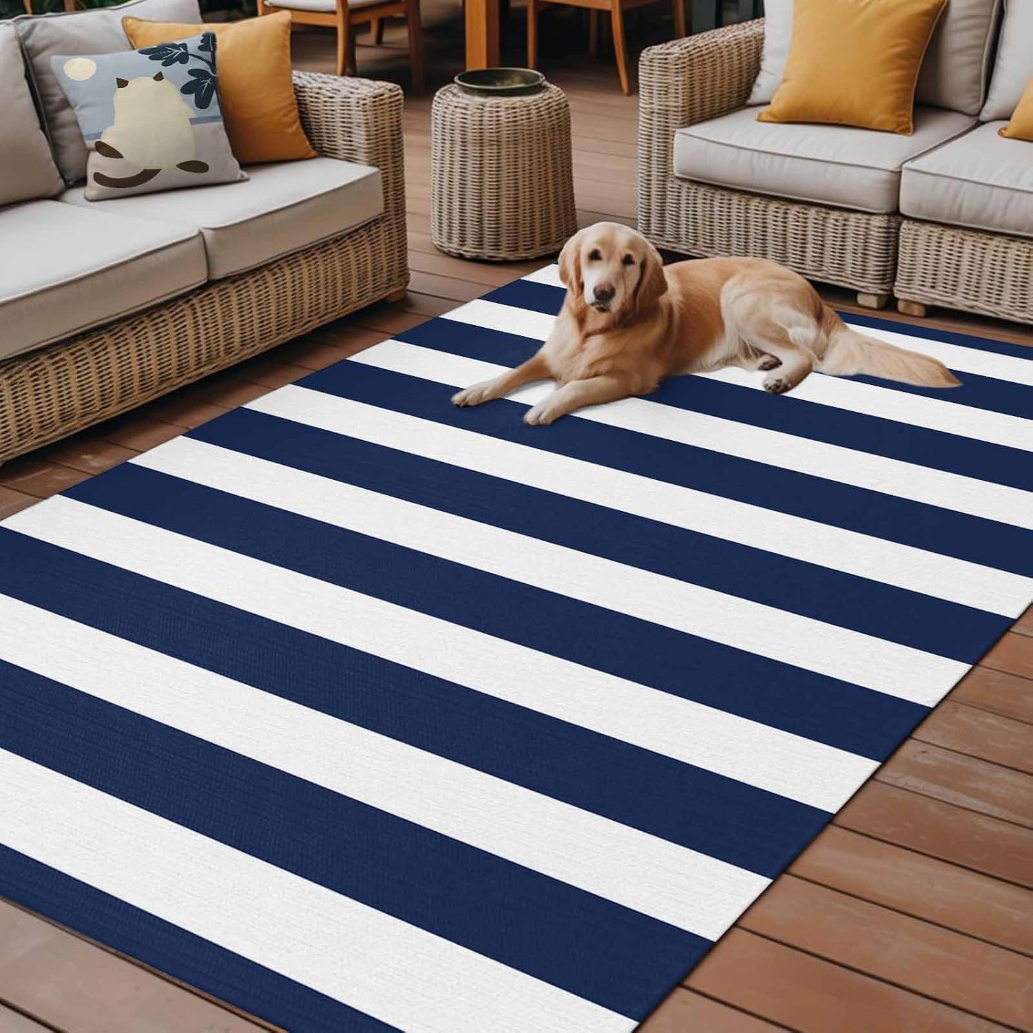 Navy‑Blue Striped Waterproof Indoor‑Outdoor Area Rug