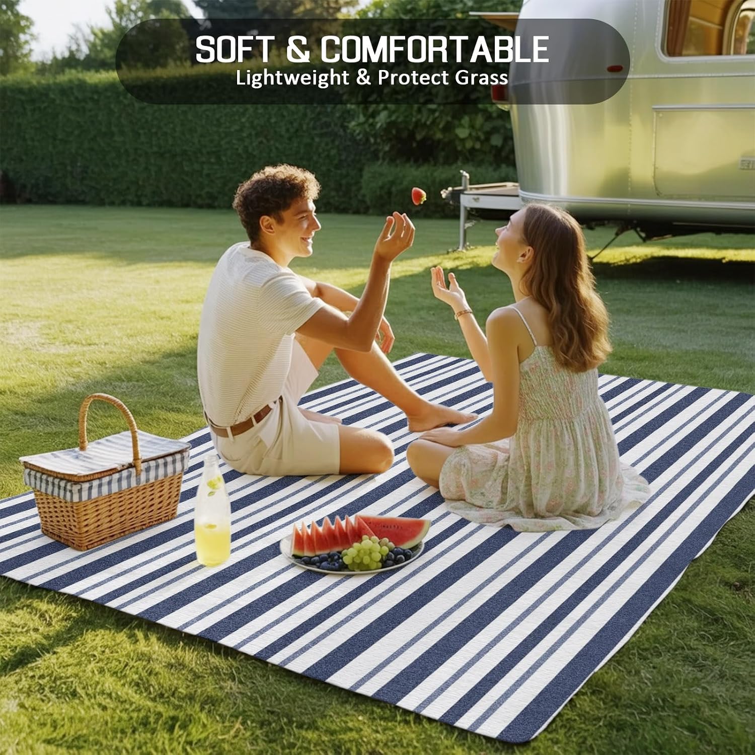 Navy‑White Striped Waterproof Indoor‑Outdoor Area Rug