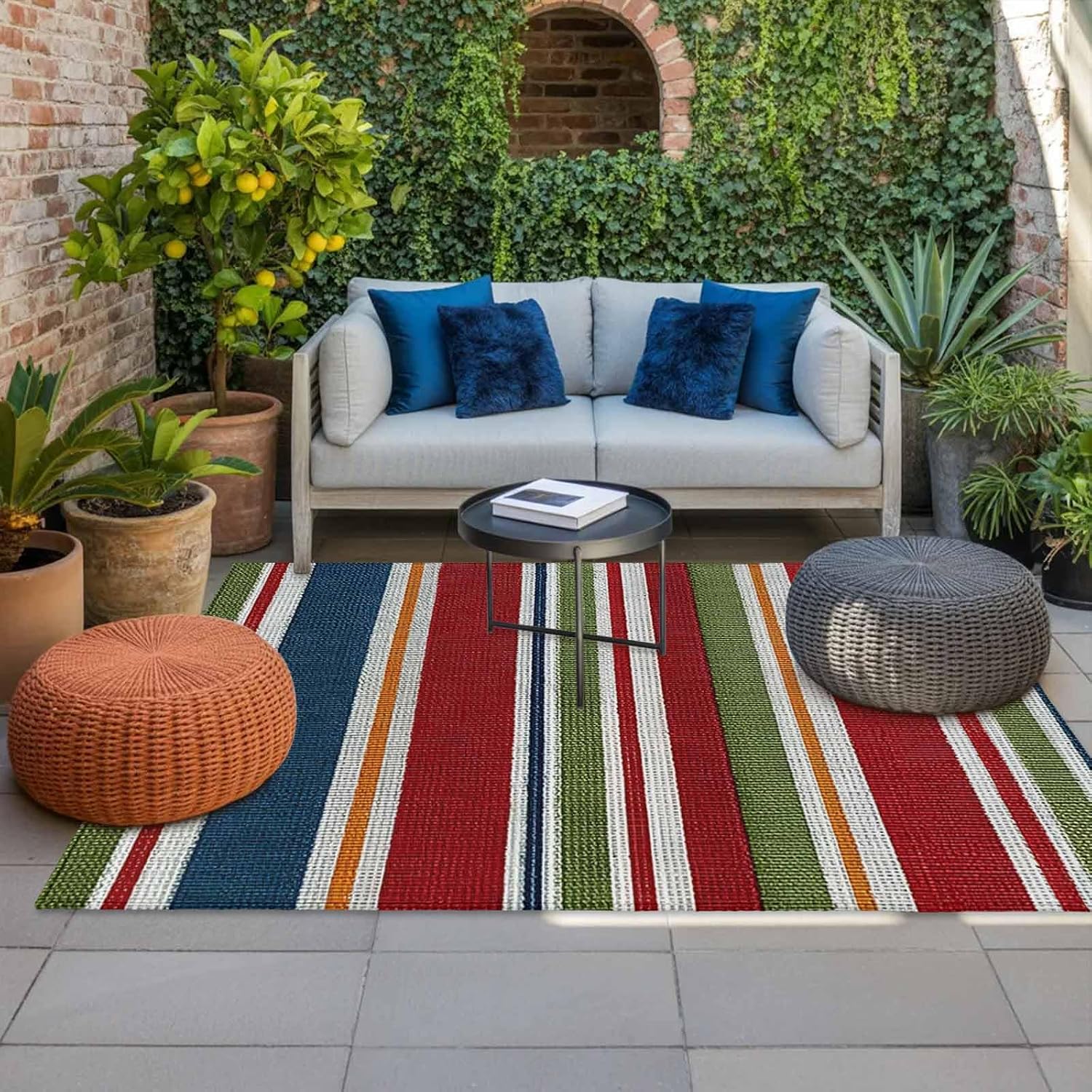 Striped Plastic Straw Indoor‑Outdoor Area Rug