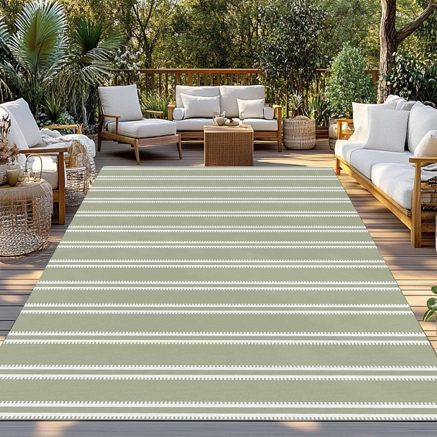 Sage‑Green Striped Waterproof Indoor‑Outdoor Area Rug