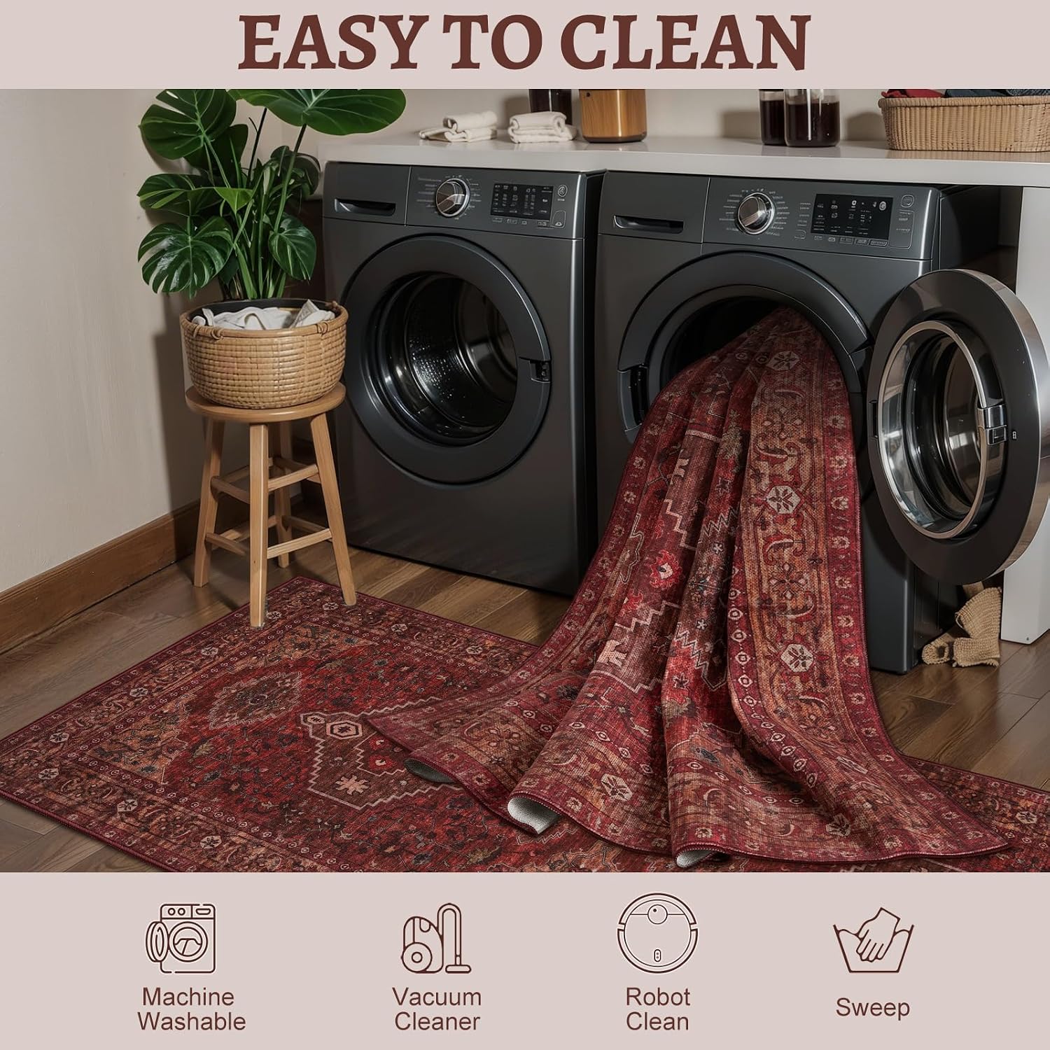 Red Washable Non‑Slip Area Rug