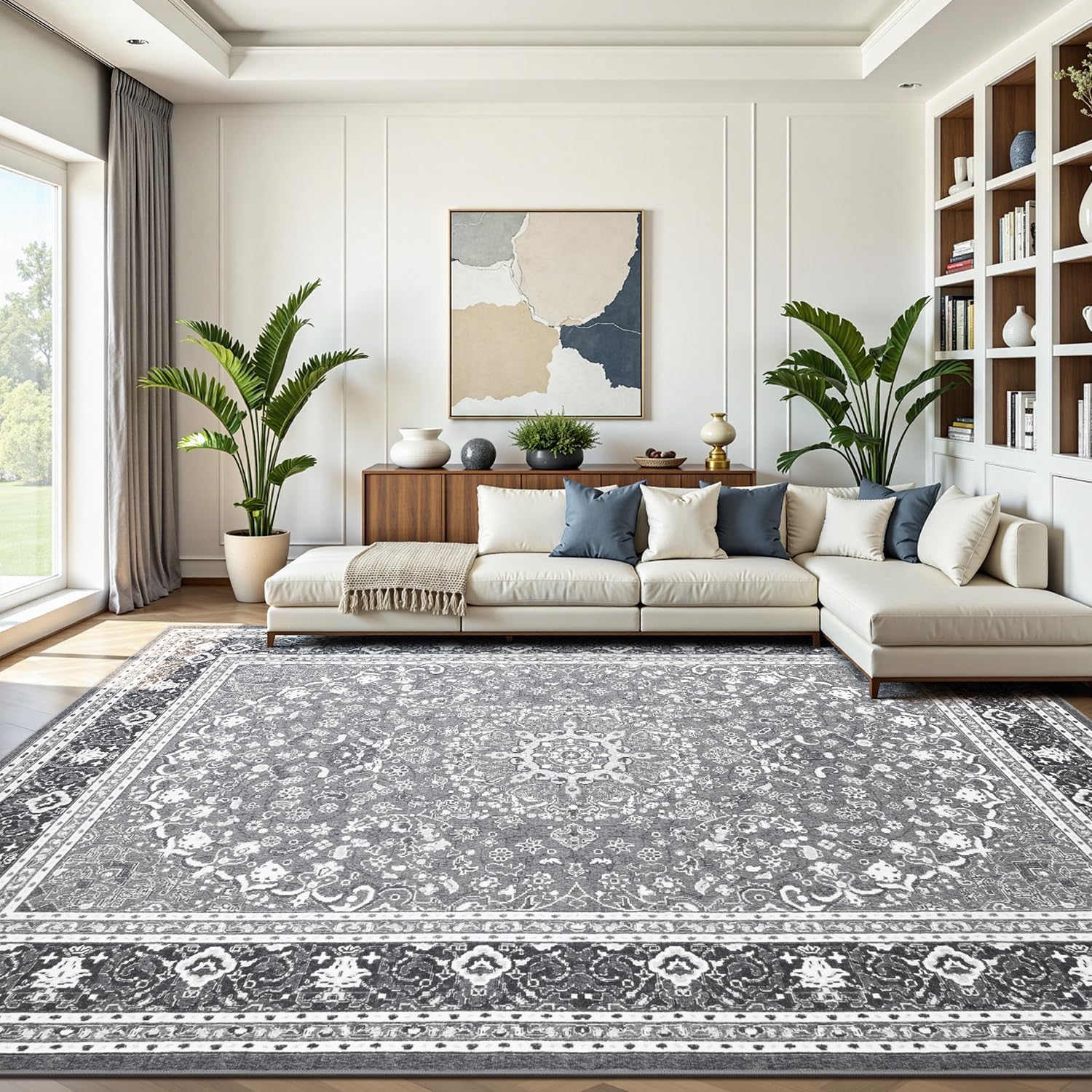 Light‑Grey Oriental Washable Area Rug