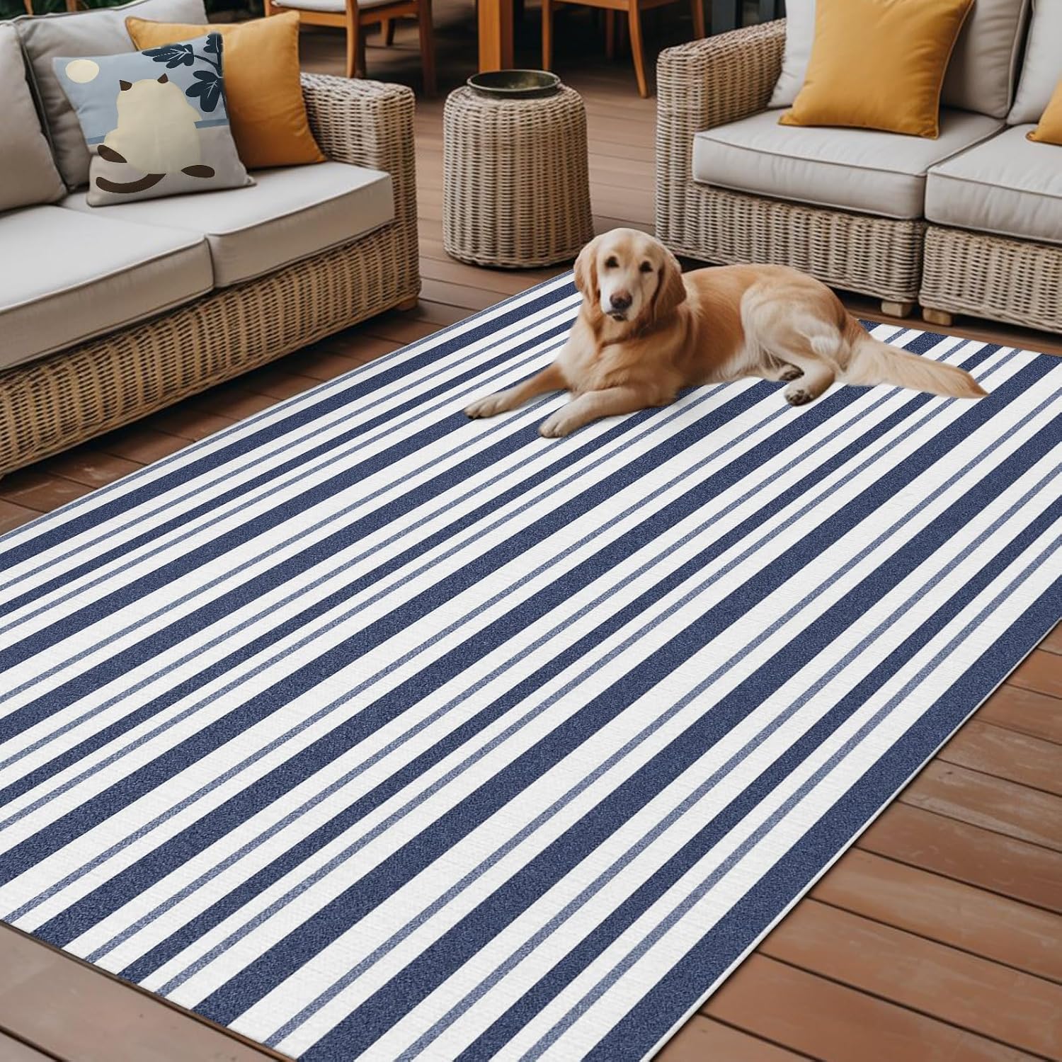 Navy‑White Striped Waterproof Indoor‑Outdoor Area Rug