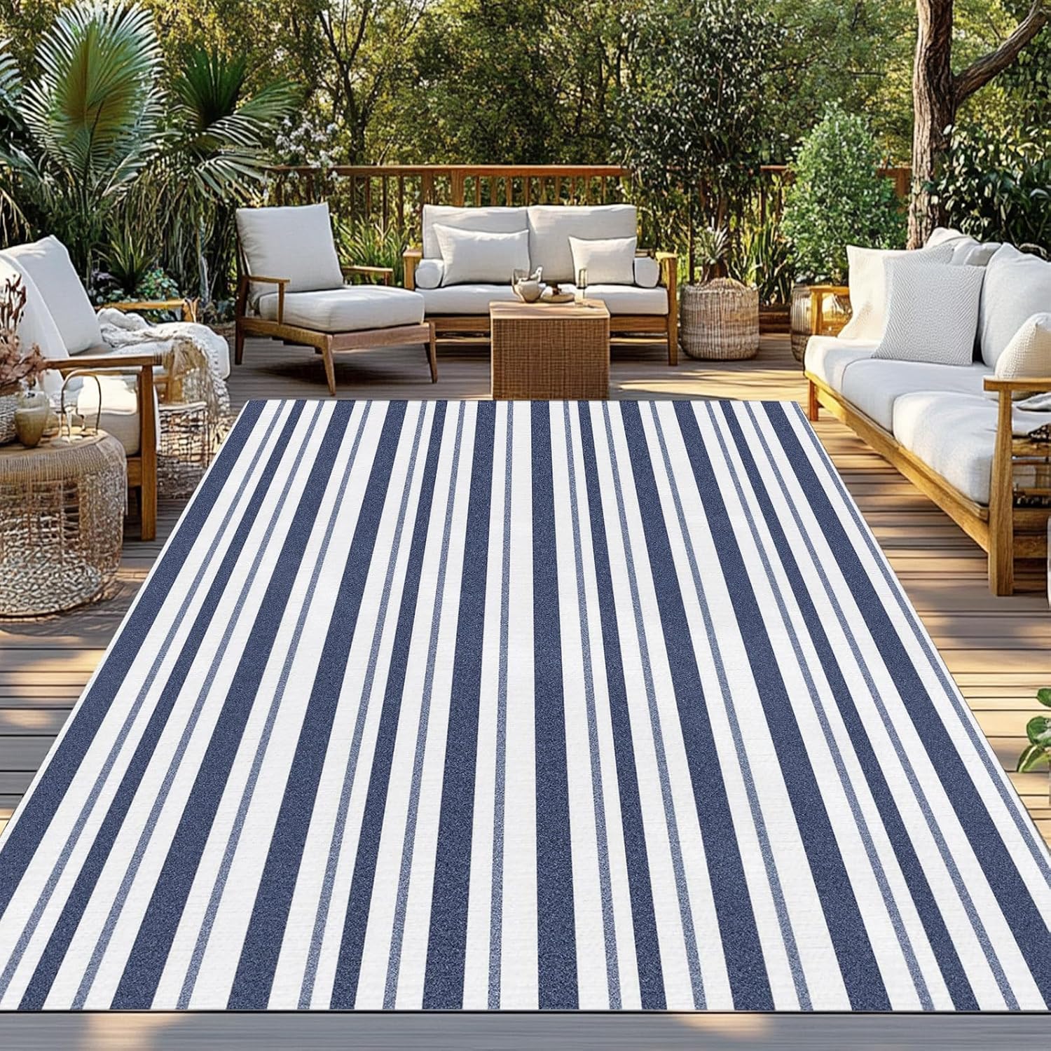 Navy‑White Striped Waterproof Indoor‑Outdoor Area Rug