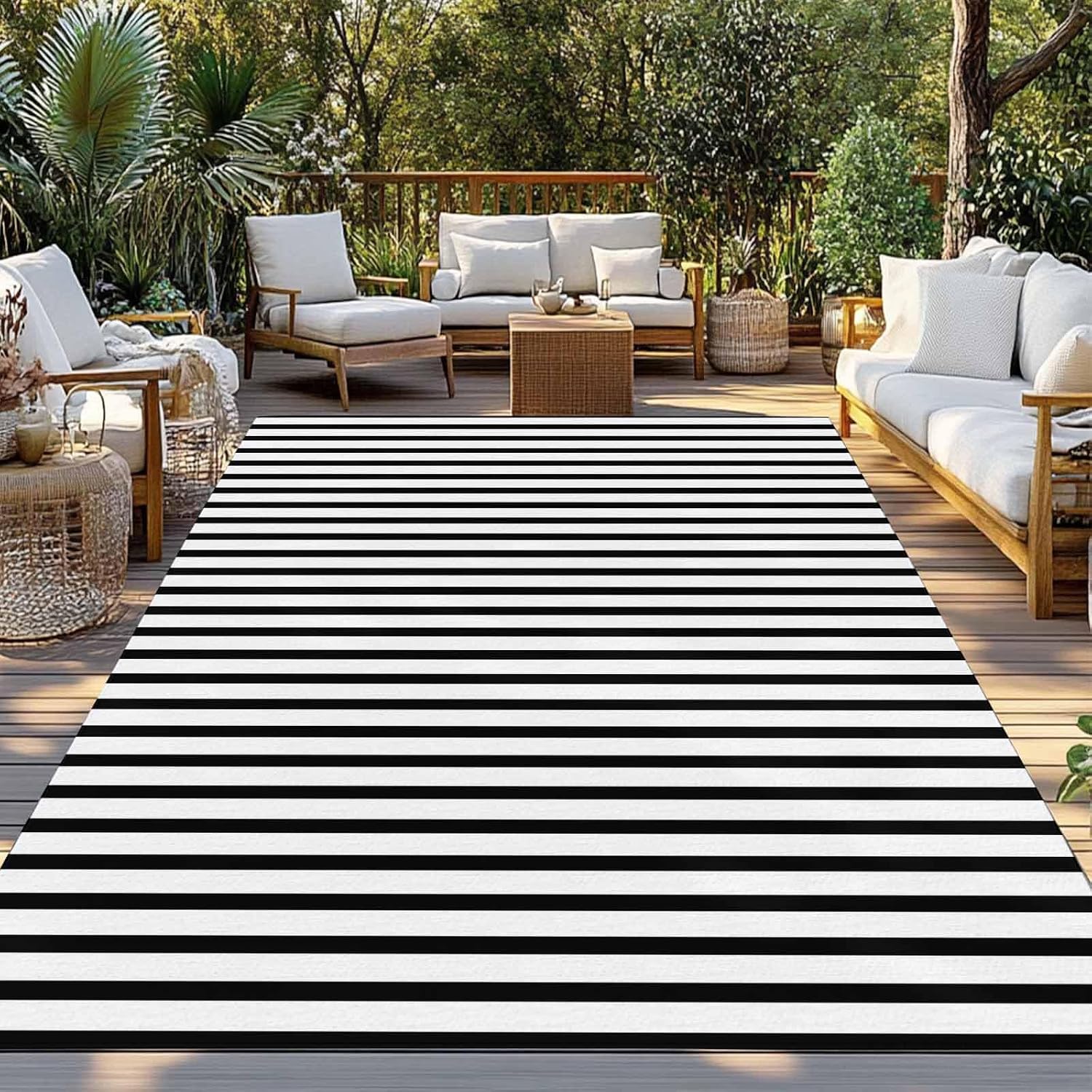Black‑White Striped Washable Indoor‑Outdoor Area Rug