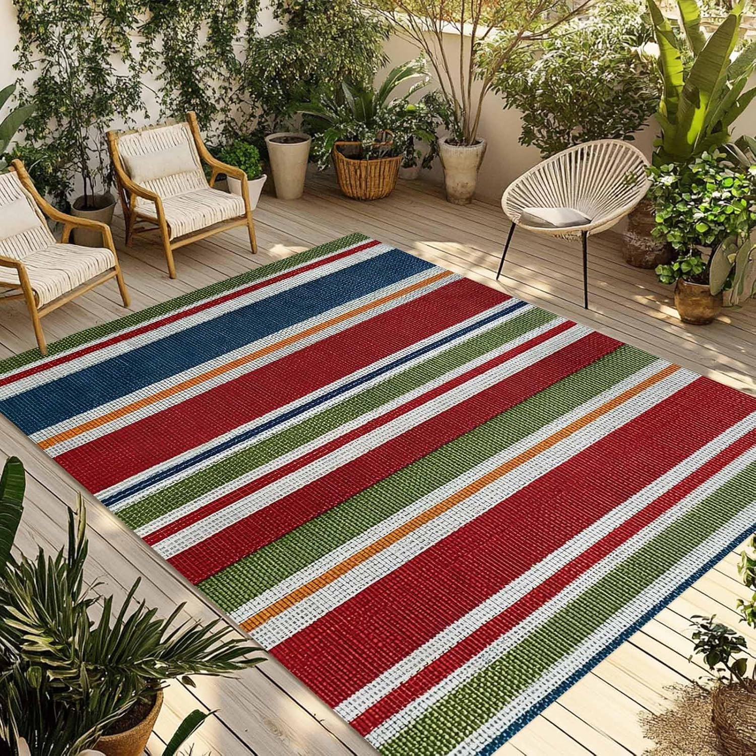 Striped Plastic Straw Indoor‑Outdoor Area Rug