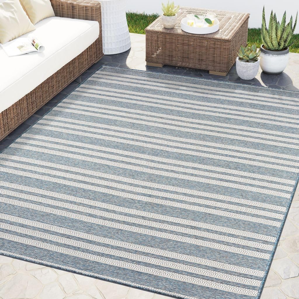 Blue Striped UV‑Protected Indoor‑Outdoor Area Rug