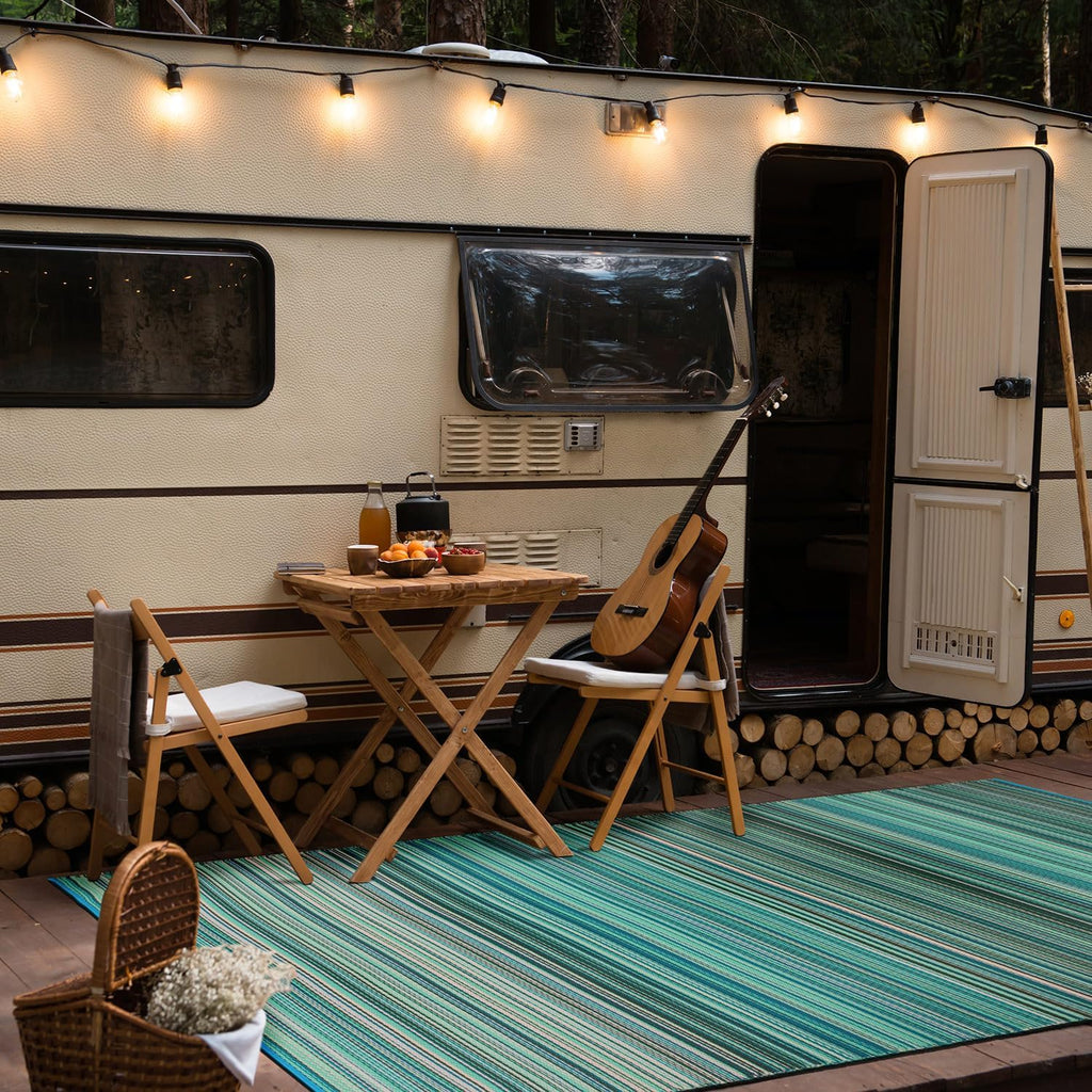 Blue Contemporary Striped Indoor‑Outdoor Area Rug