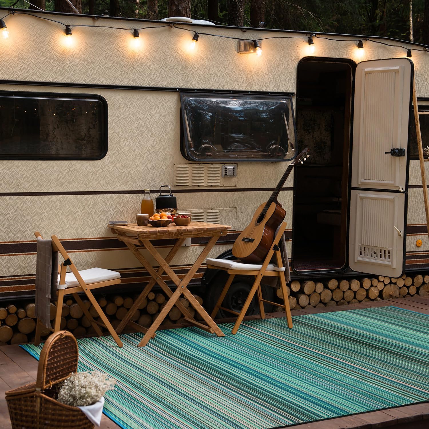 Blue Contemporary Striped Indoor‑Outdoor Area Rug