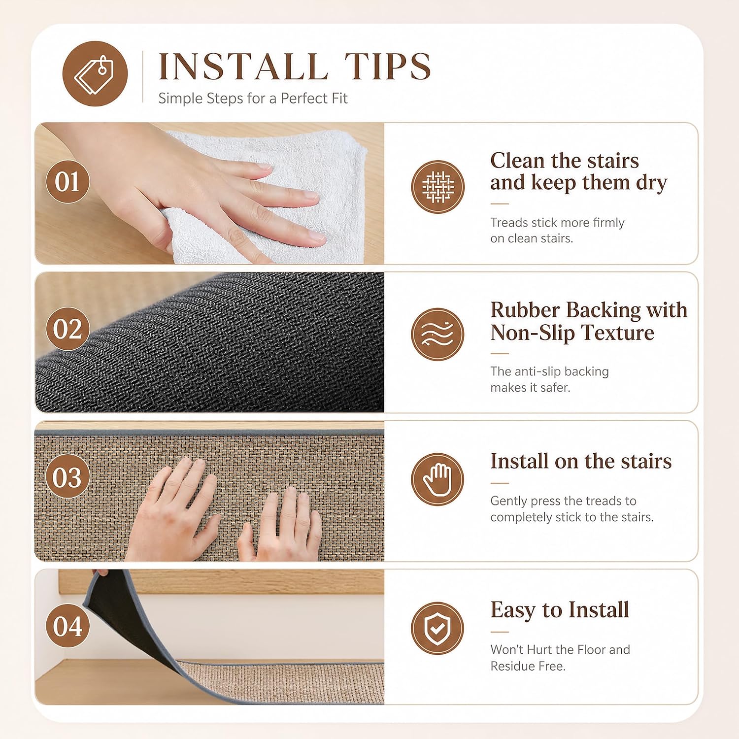 10‑Pack Washable Rubber‑Backed Non‑Slip Stair Treads
