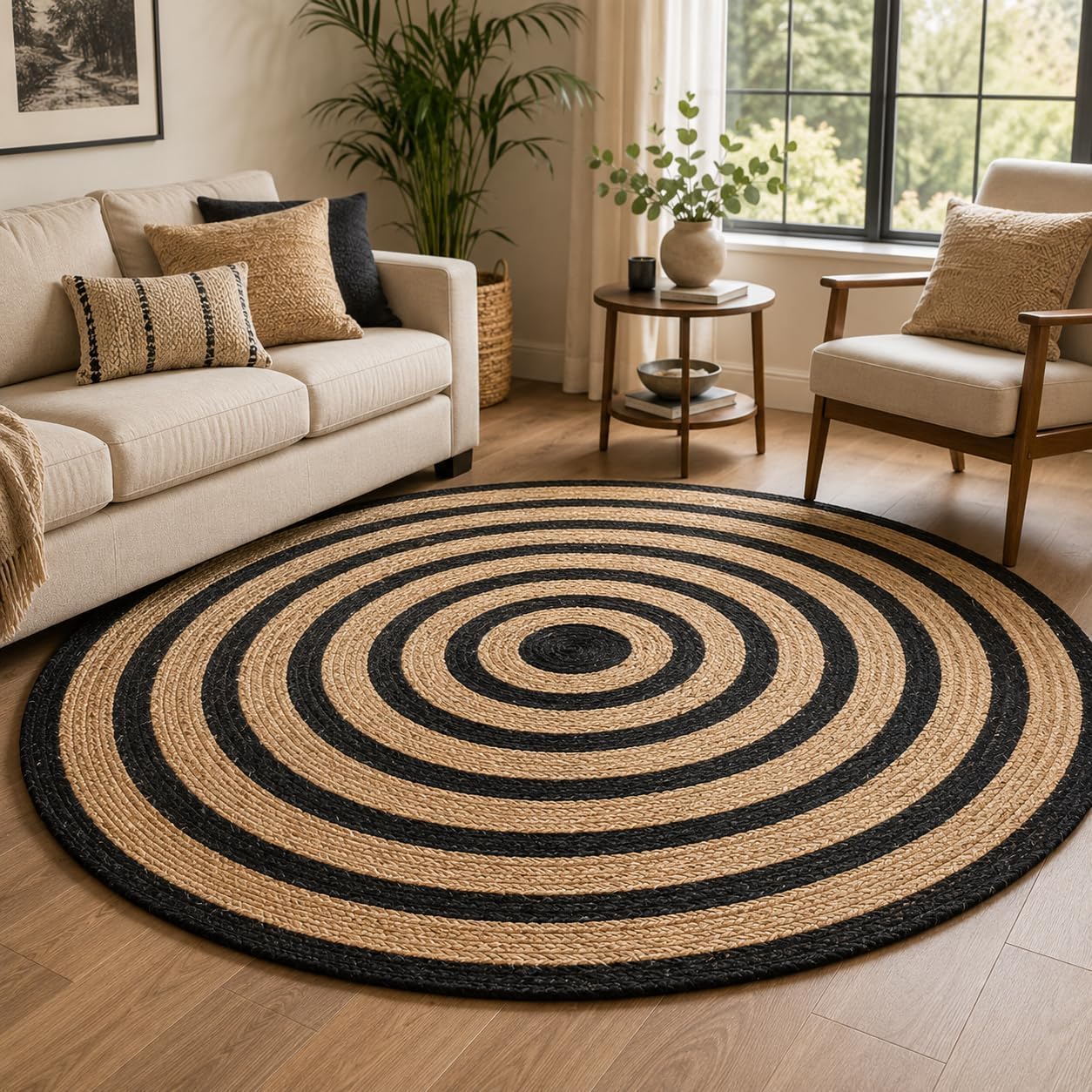 Handmade Black‑Ring Jute Round Farmhouse Rug