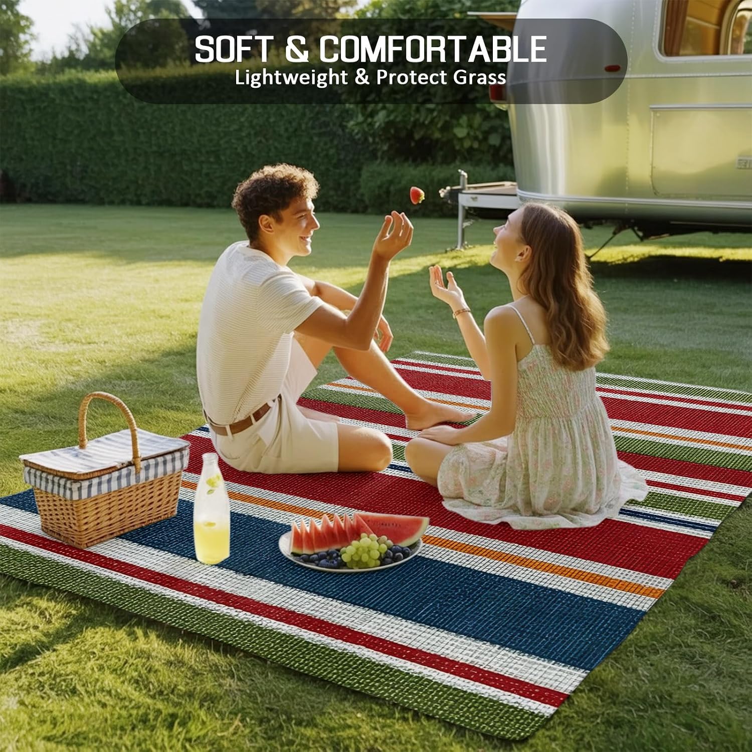 Striped Plastic Straw Indoor‑Outdoor Area Rug