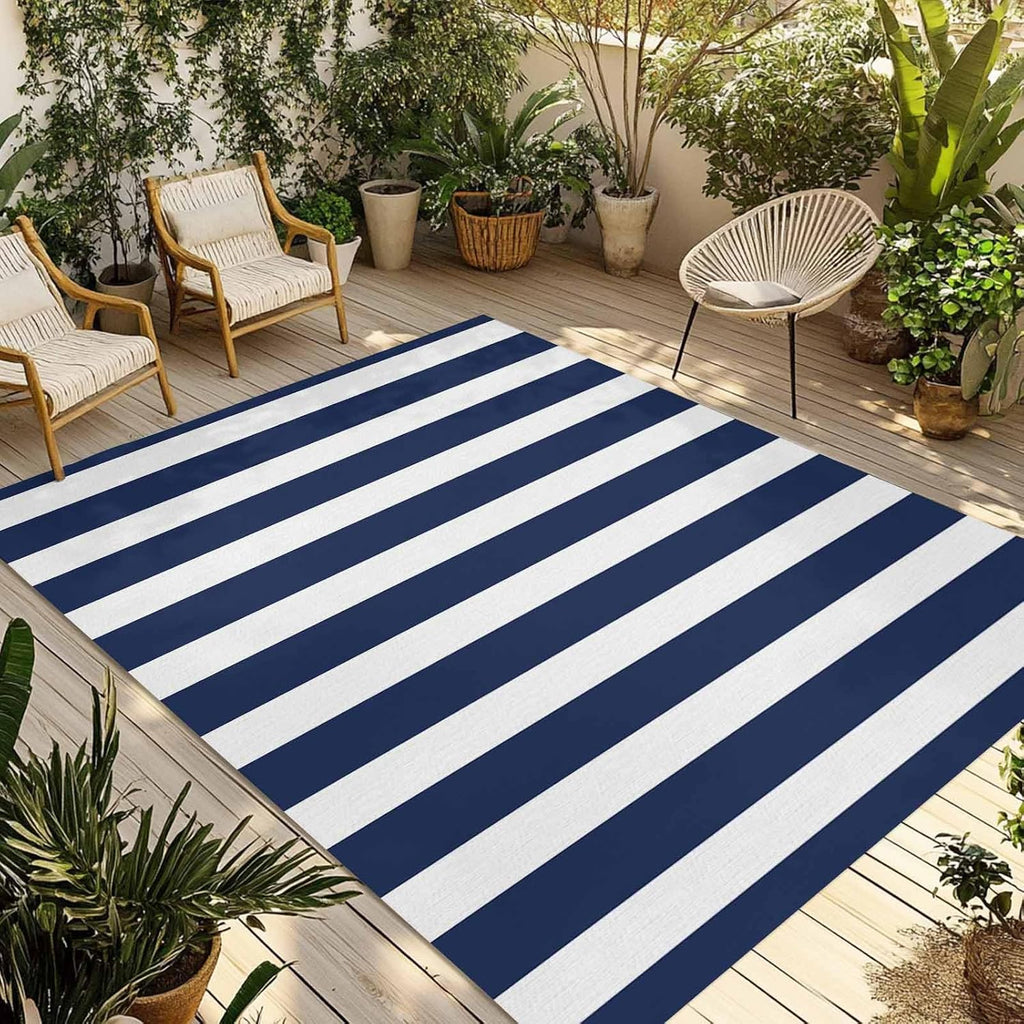 Navy‑Blue Striped Waterproof Indoor‑Outdoor Area Rug