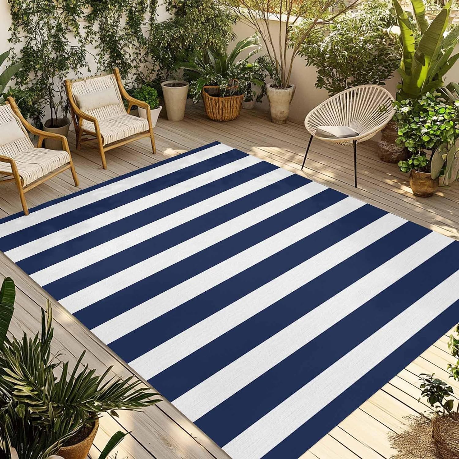 Navy‑Blue Striped Waterproof Indoor‑Outdoor Area Rug