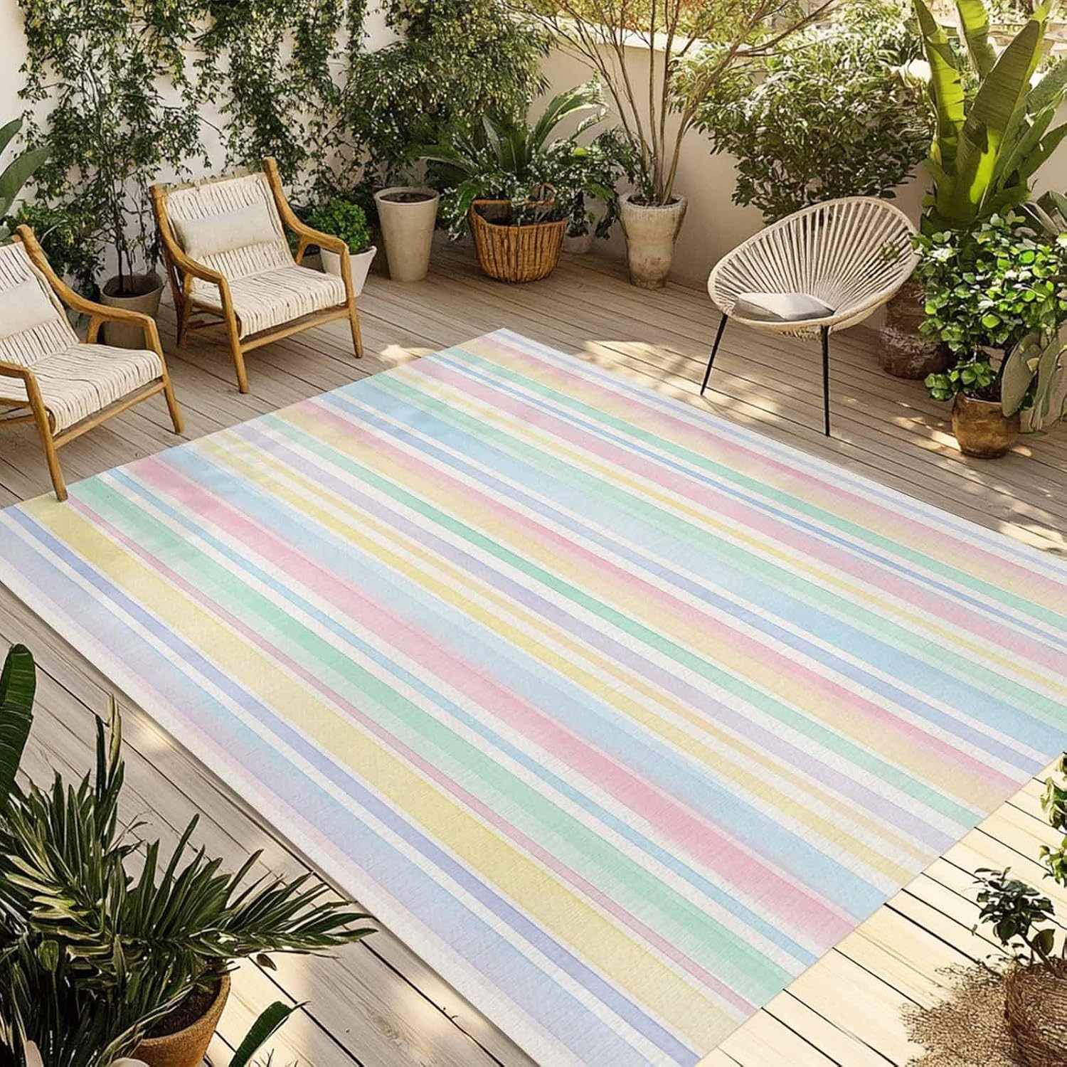 Colorful Striped Plastic Straw Indoor‑Outdoor Area Rug