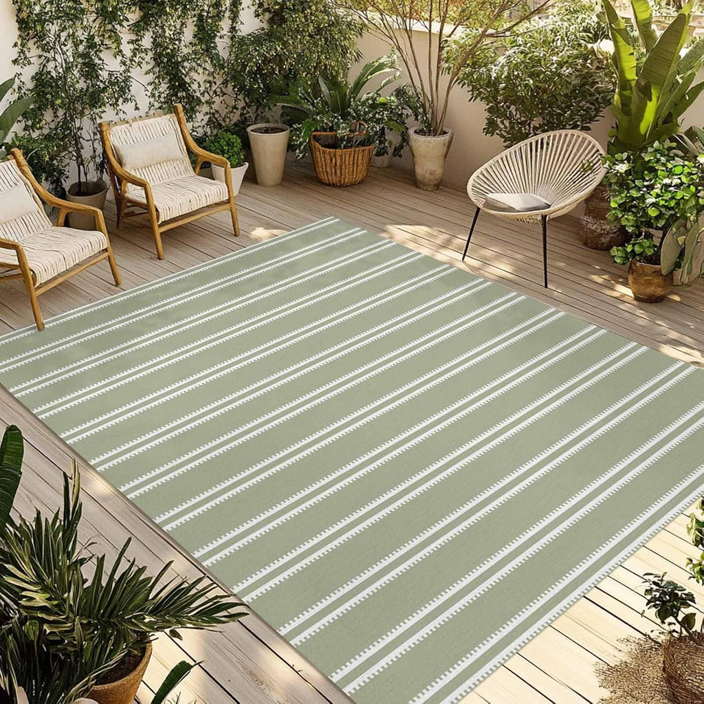 Sage‑Green Striped Waterproof Indoor‑Outdoor Area Rug