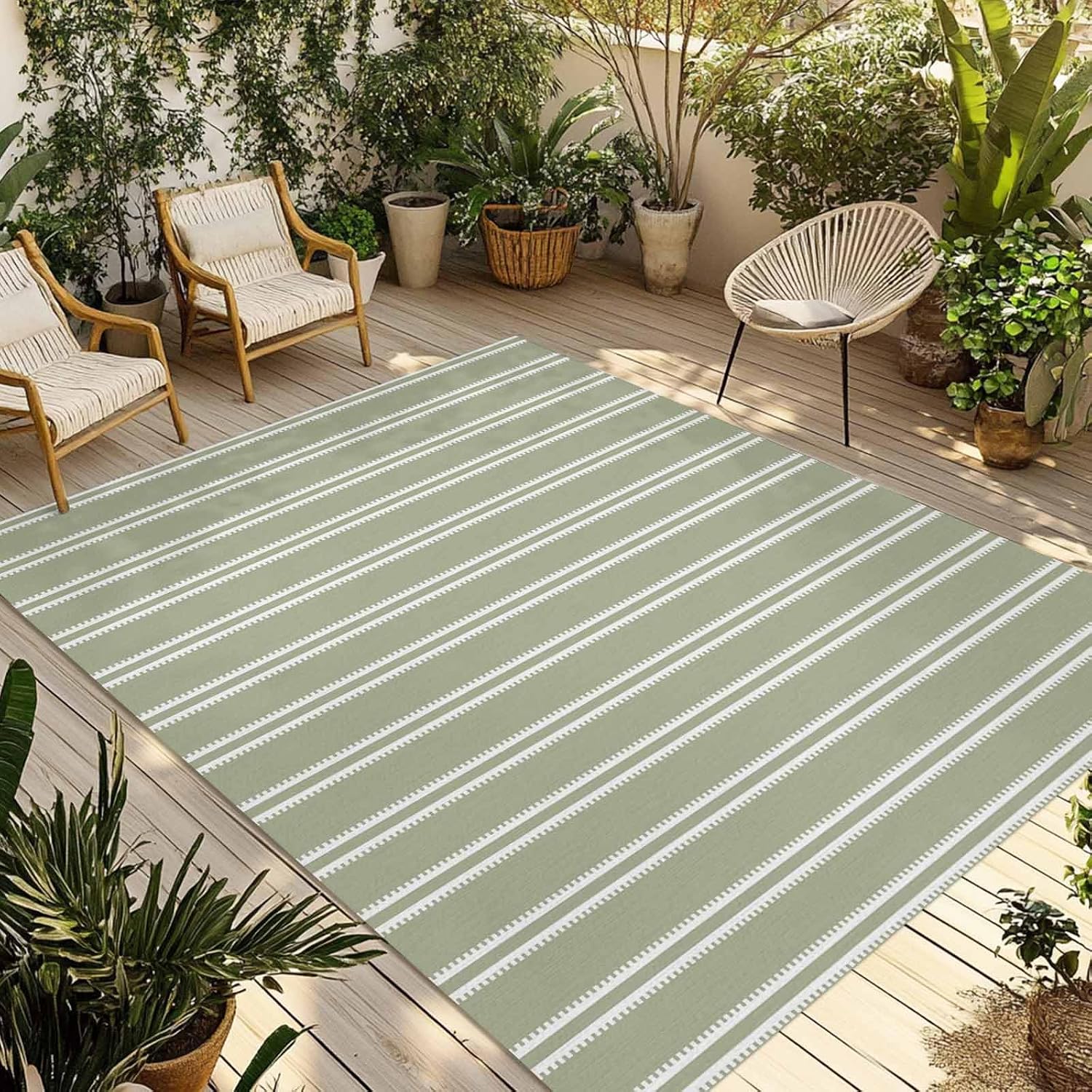 Sage‑Green Striped Waterproof Indoor‑Outdoor Area Rug