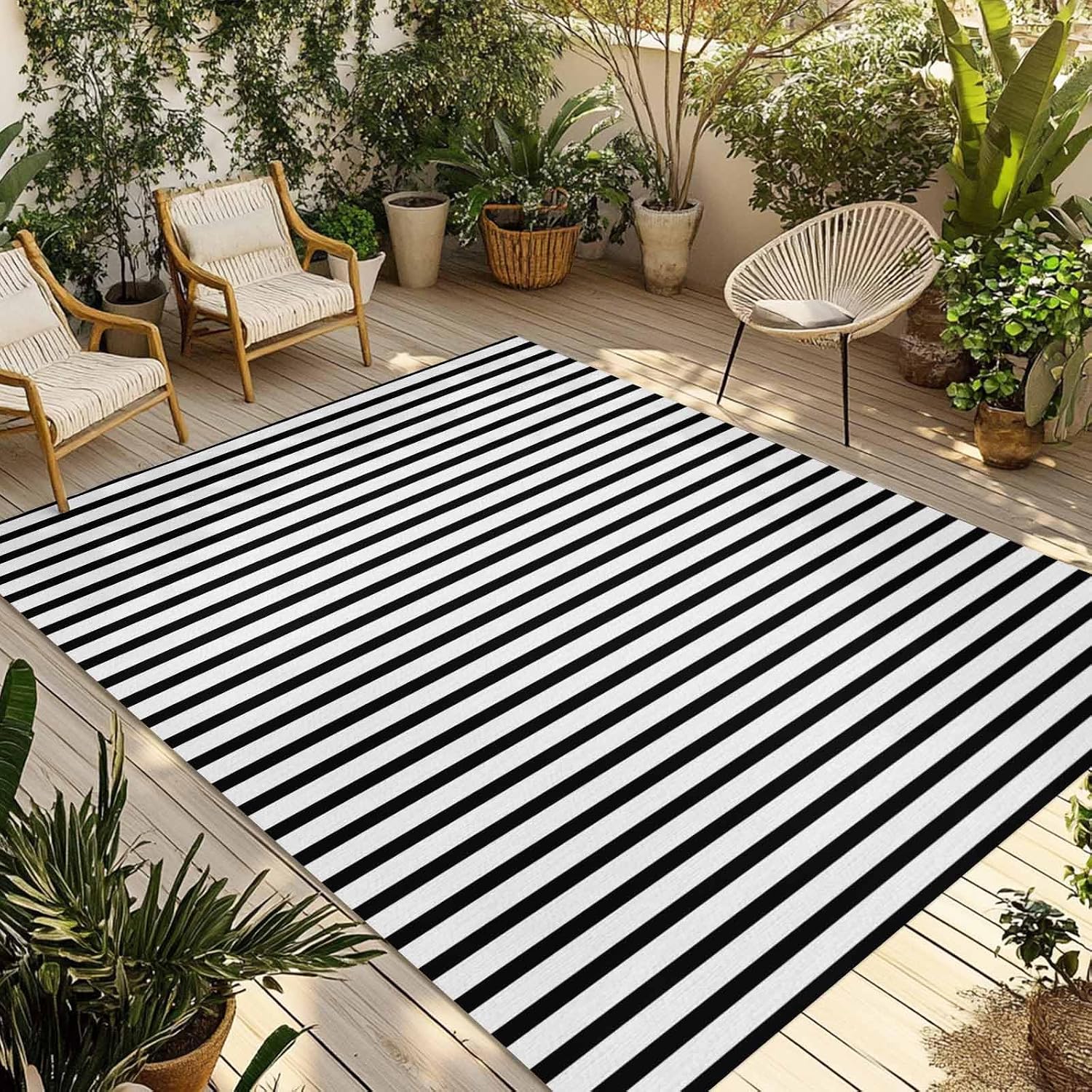 Black‑White Striped Washable Indoor‑Outdoor Area Rug
