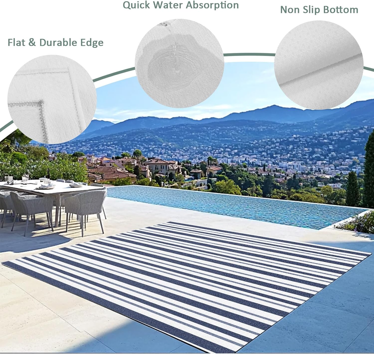 Navy‑White Striped Waterproof Indoor‑Outdoor Area Rug