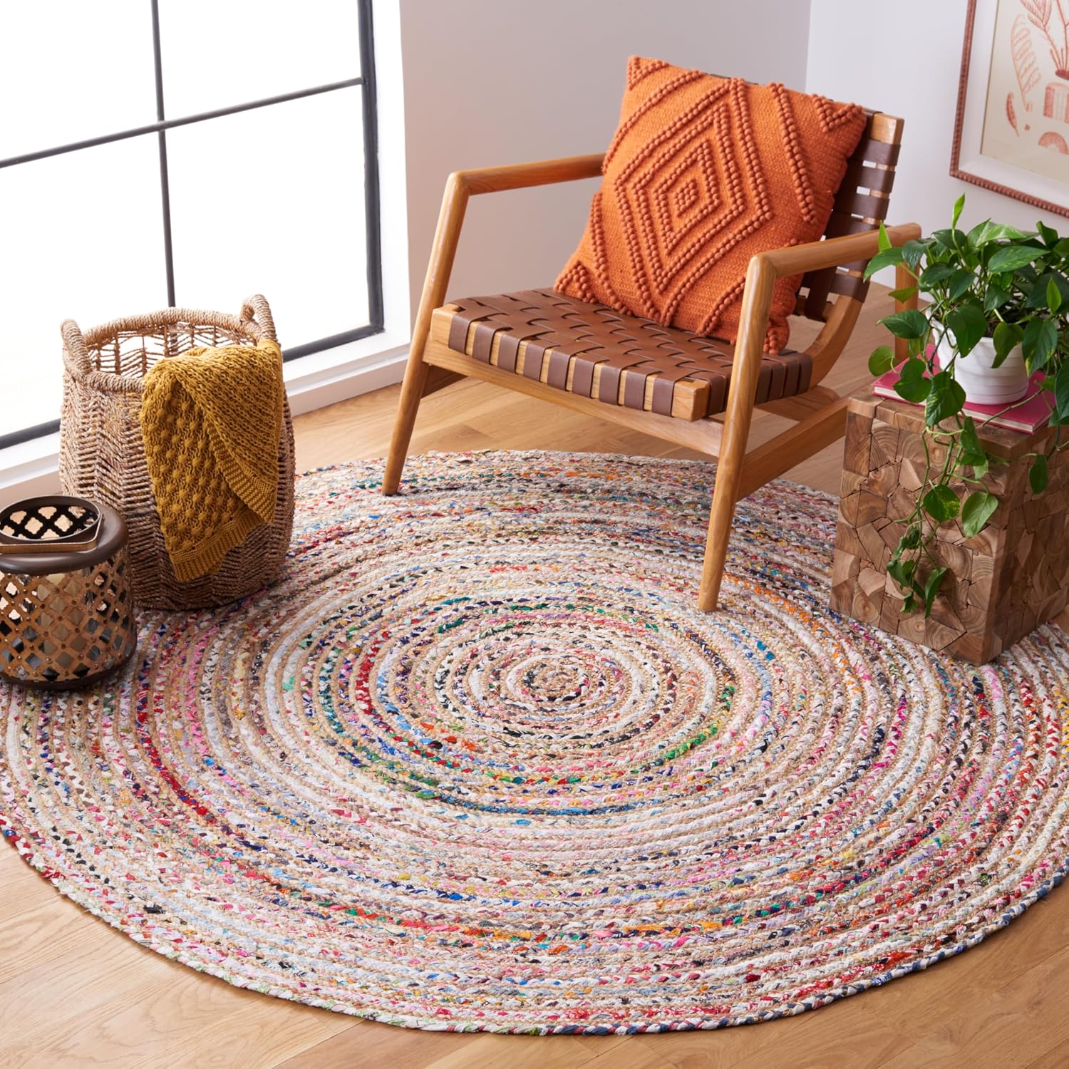 Braided Multicolor Beige Jute Round Rug