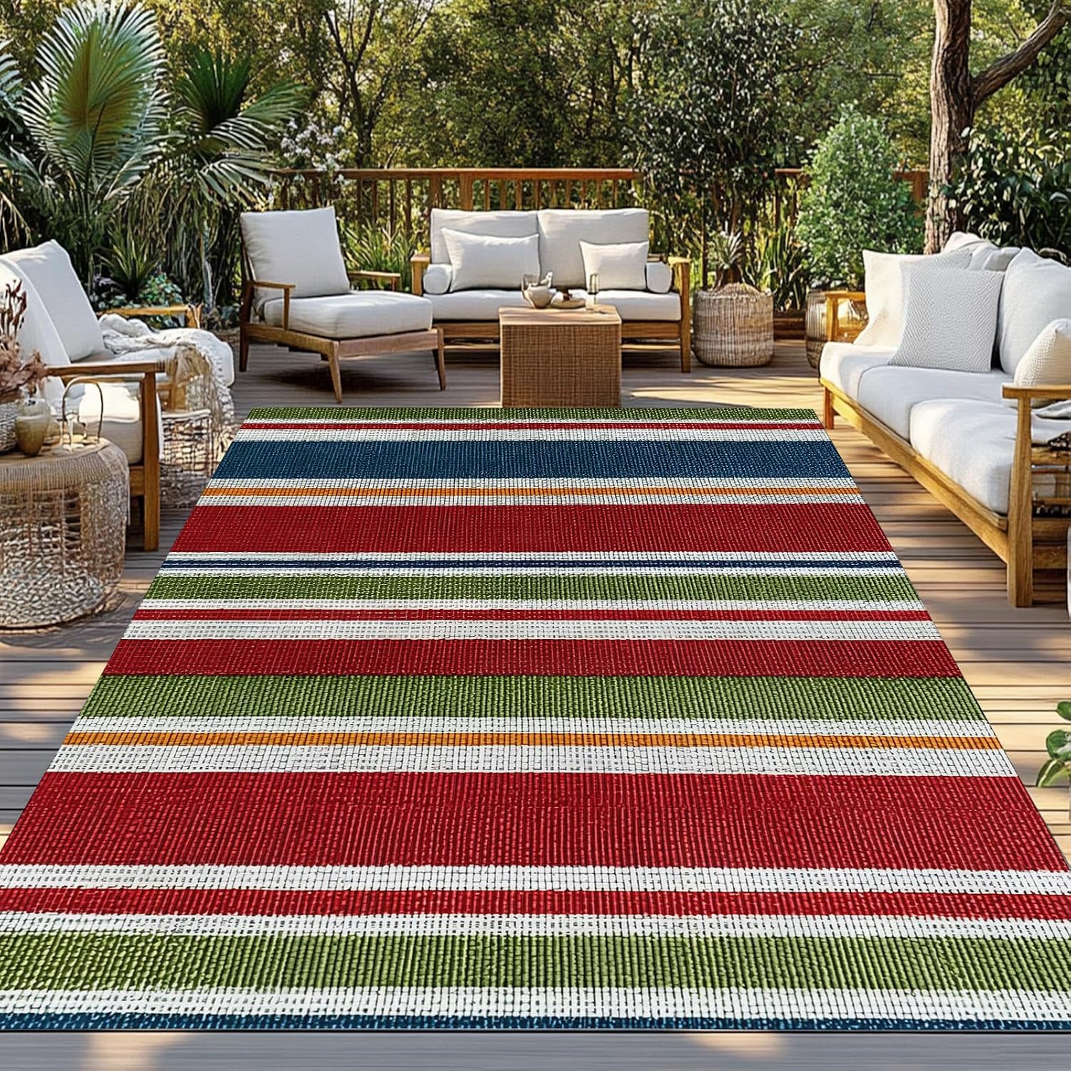 Striped Plastic Straw Indoor‑Outdoor Area Rug