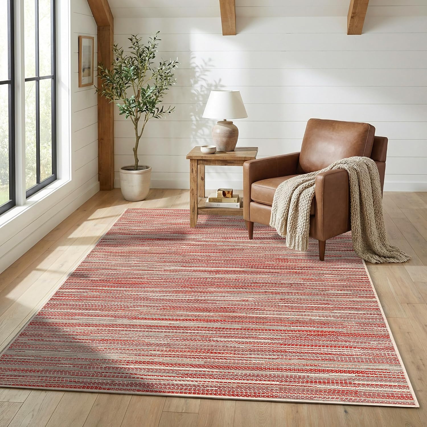 Salmon Striped Flatweave Indoor‑Outdoor Area Rug