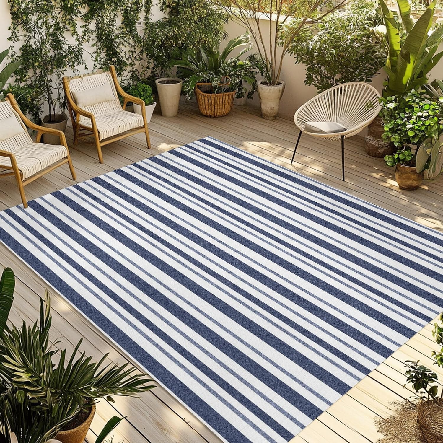 Navy‑White Striped Waterproof Indoor‑Outdoor Area Rug