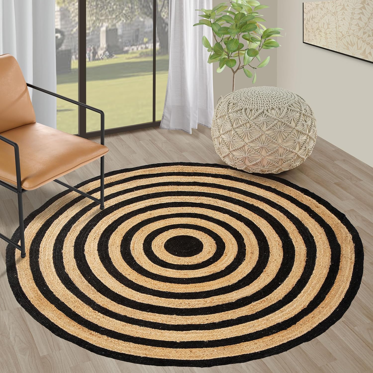 Handmade Black‑Ring Jute Round Farmhouse Rug