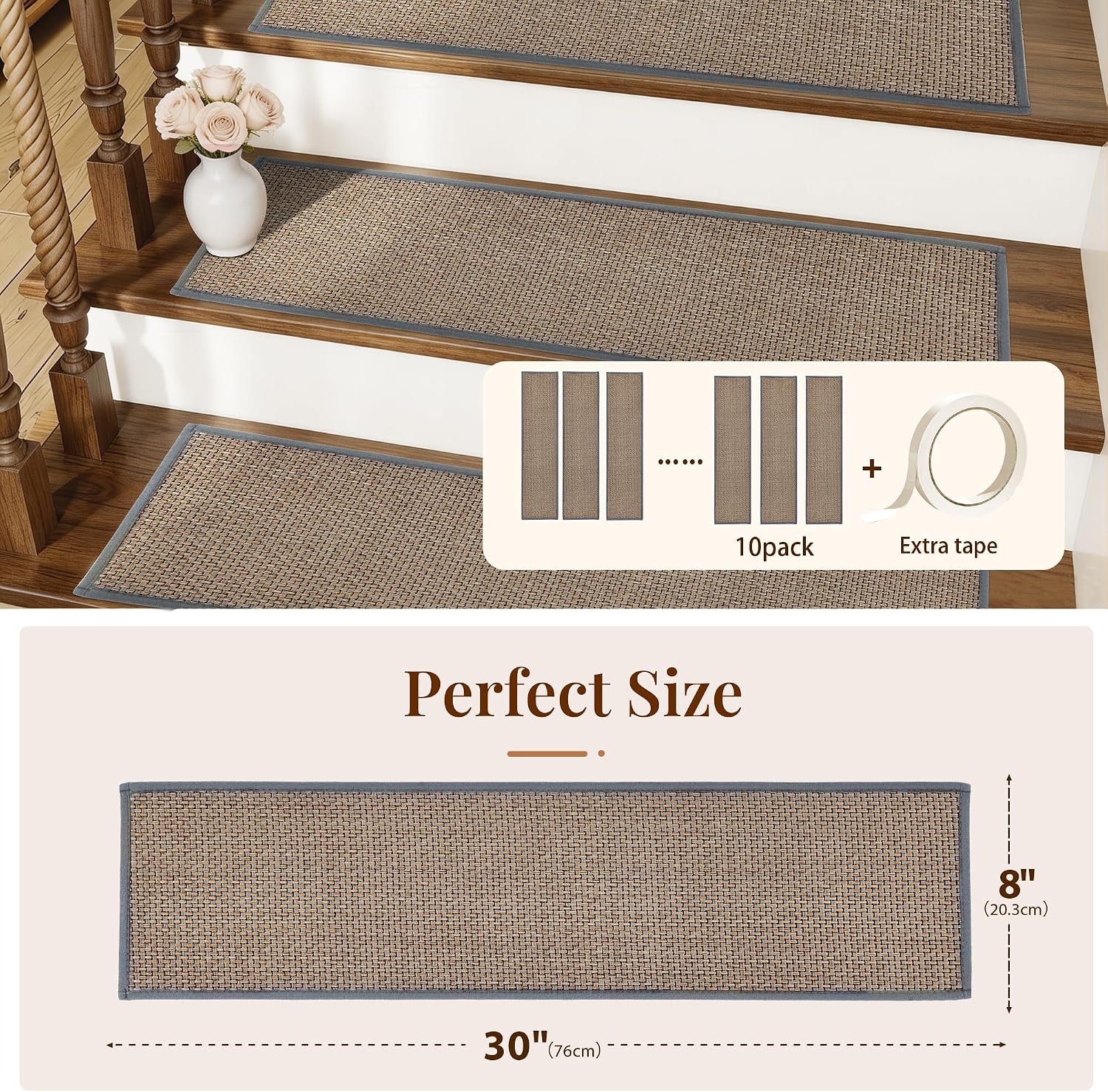 10‑Pack Washable Rubber‑Backed Non‑Slip Stair Treads