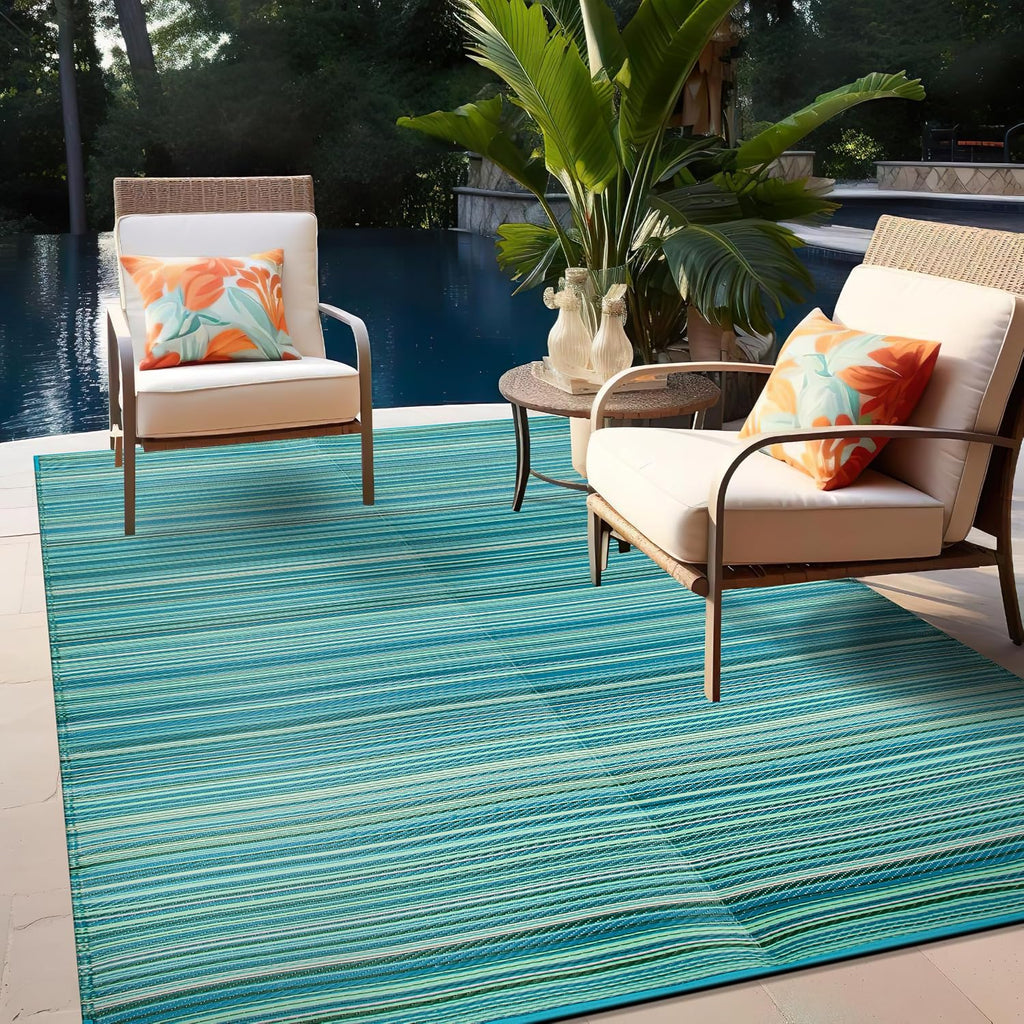 Blue Contemporary Striped Indoor‑Outdoor Area Rug