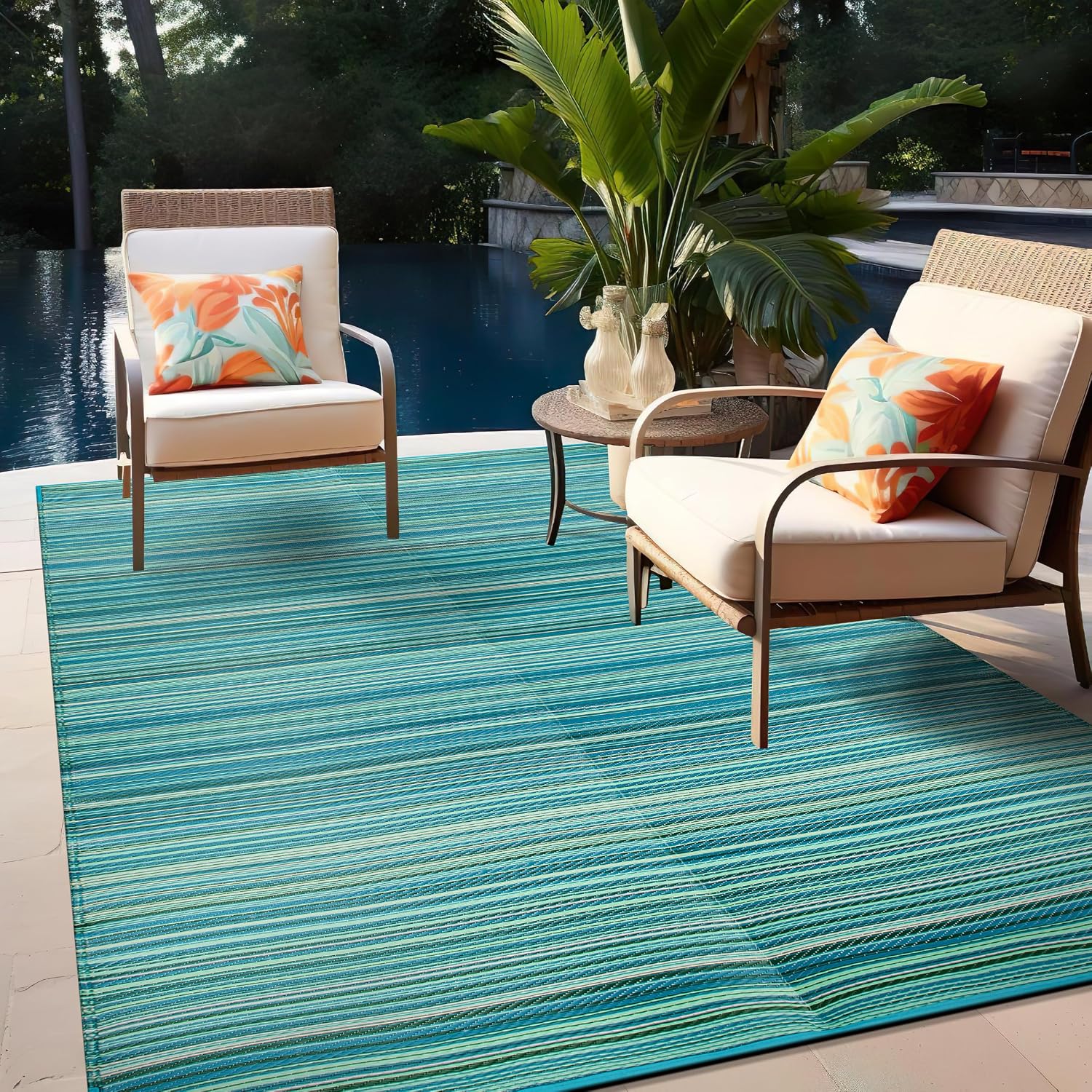Blue Contemporary Striped Indoor‑Outdoor Area Rug
